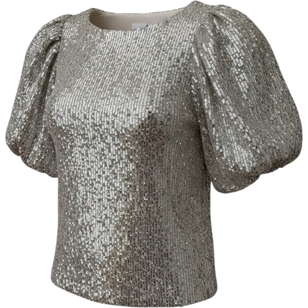 English Factory Sequin Puff Sleeve Top XS Silver Sparkle Blouse